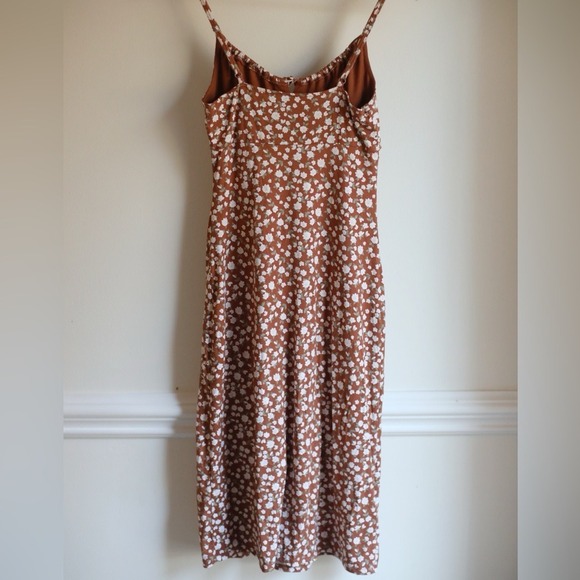 Hollister Floral A-Line Midi Dress Brown White Scoop Neck  Tie XS Cottagecore - Picture 6 of 8